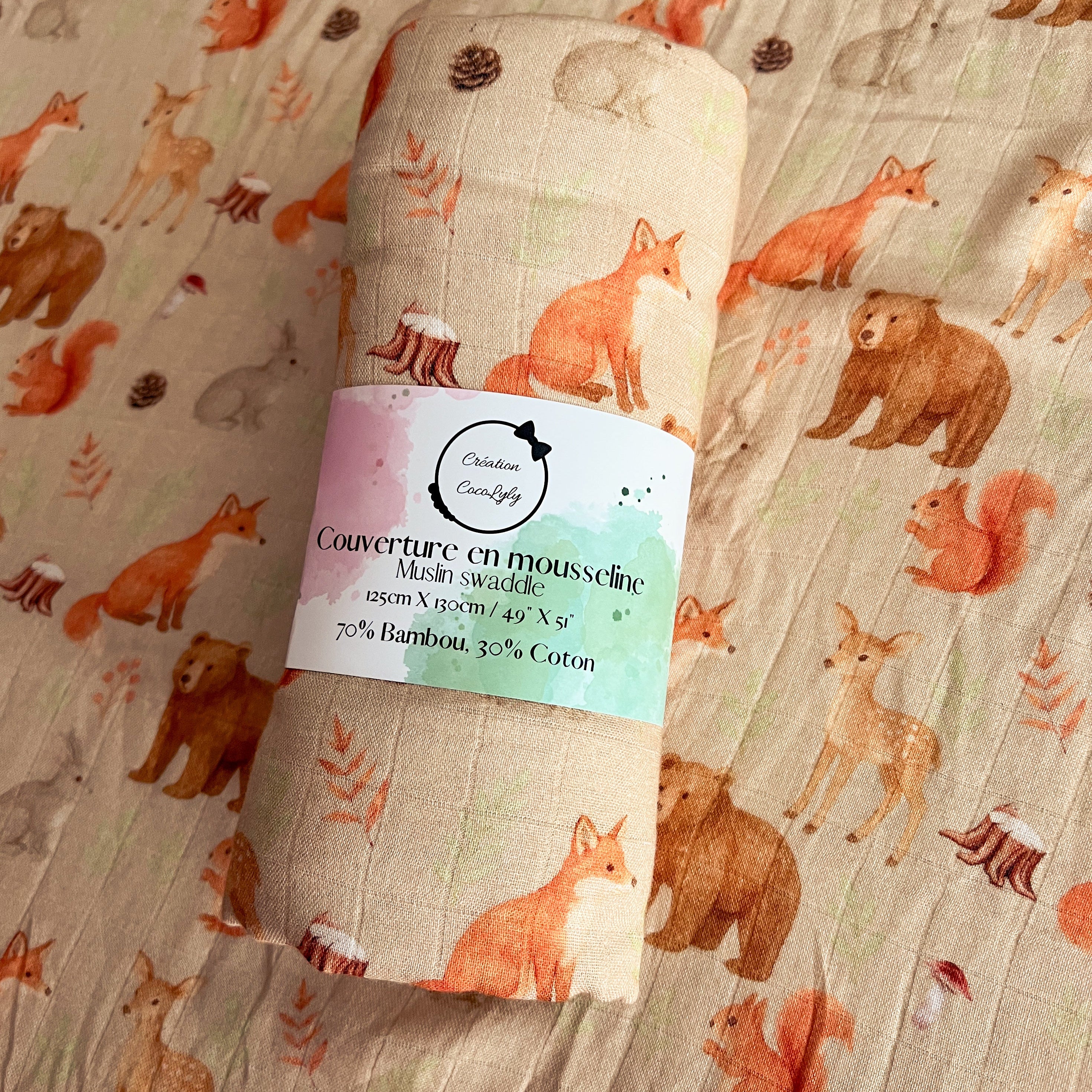 🦊Grande mousseline de bambou les copains des bois