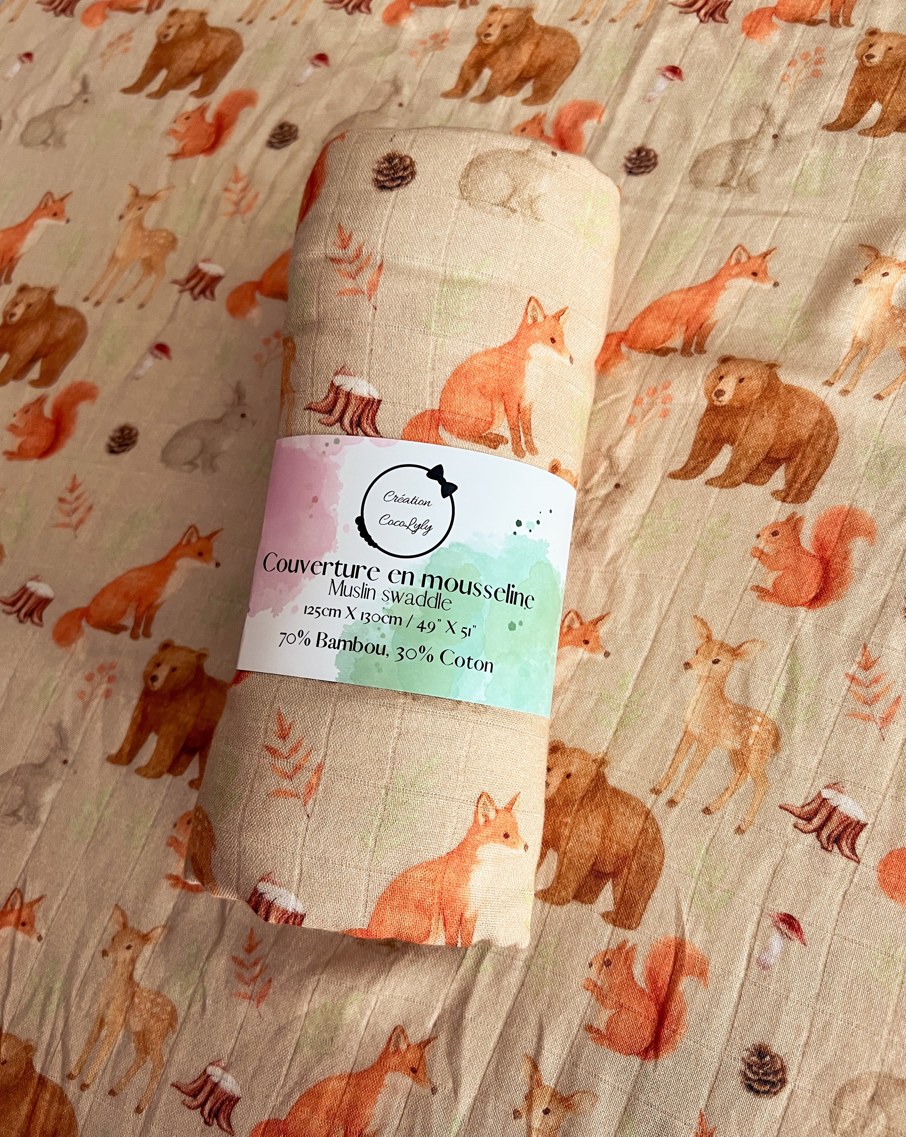 🦊Grande mousseline de bambou les copains des bois