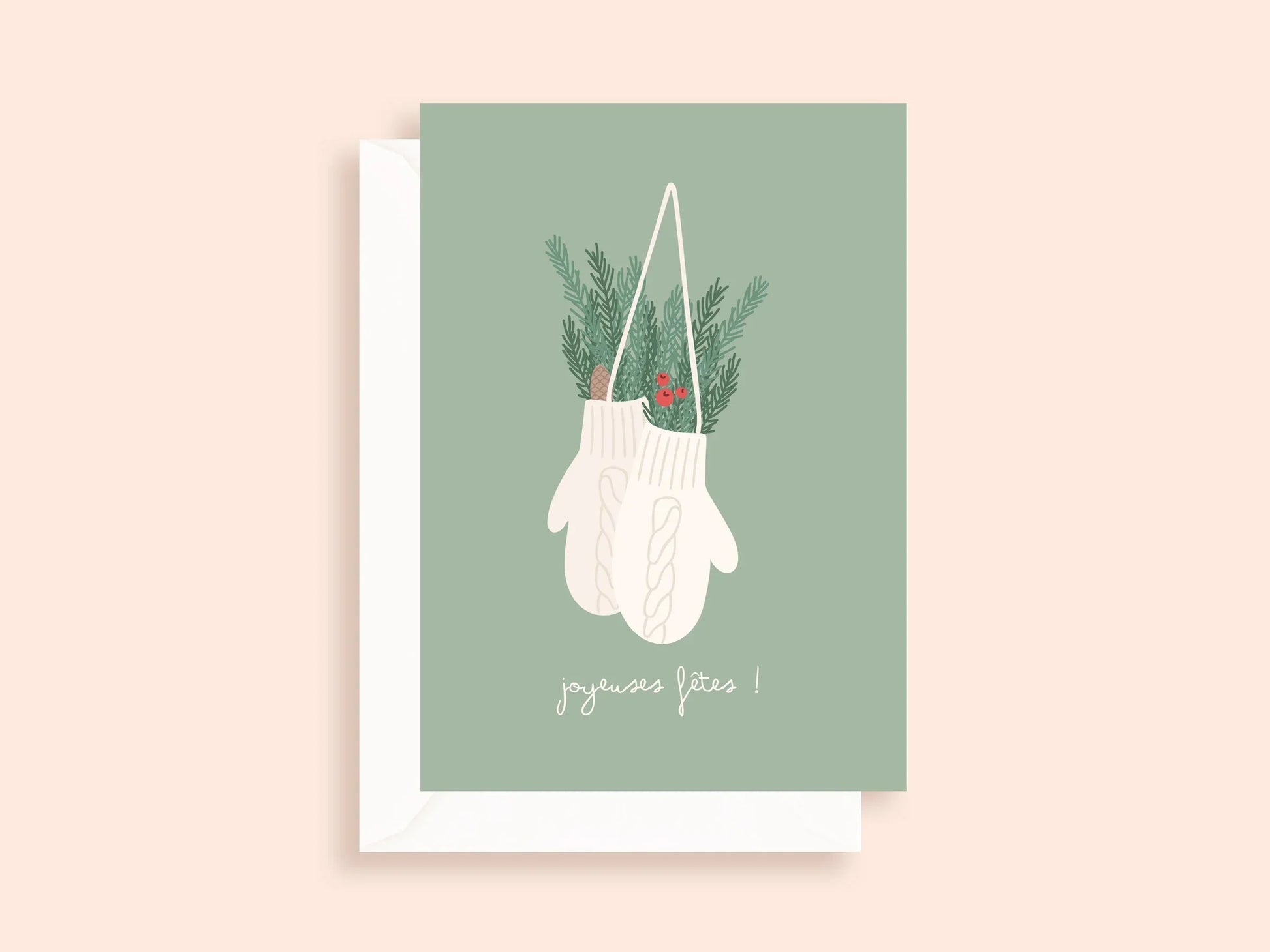 Carte de vœux minimaliste avec moufles blanches suspendues et décorations vertes, joyeuses fêtes