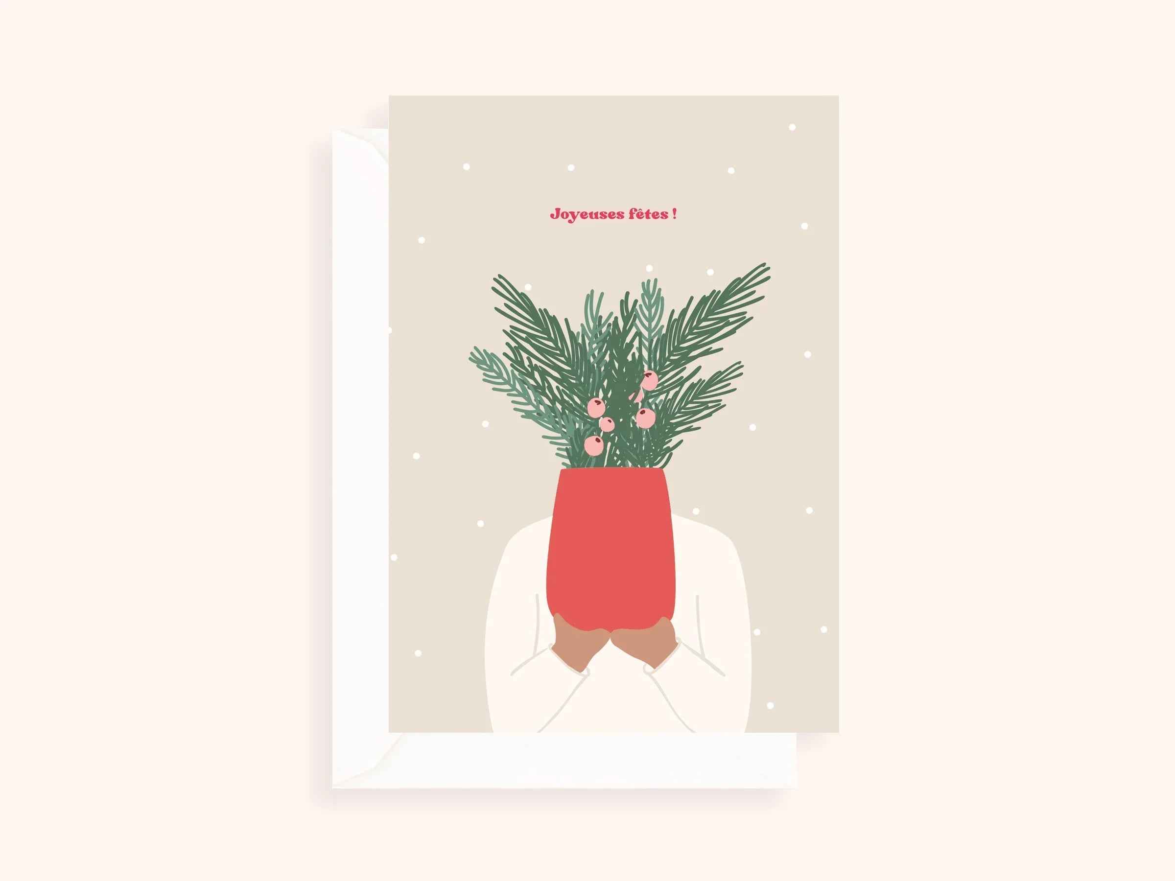 Carte de vœux festive avec plante de Noël et texte Joyeuses fêtes en rouge