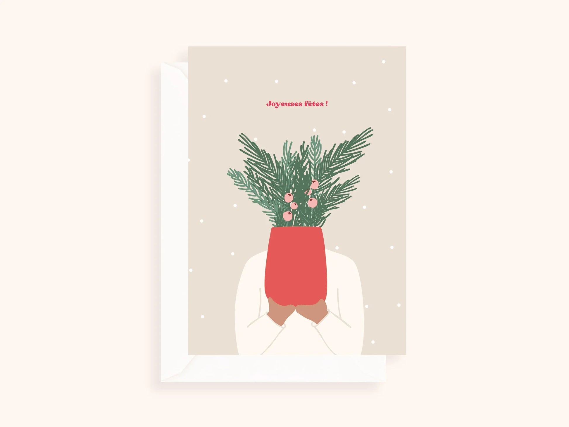 Carte de vœux festive avec plante de Noël et texte Joyeuses fêtes en rouge