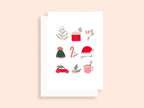 Carte de Noël blanche avec illustrations festives rouges et vertes : sapin, cadeau, bonnet, sucette, voiture, tasse
