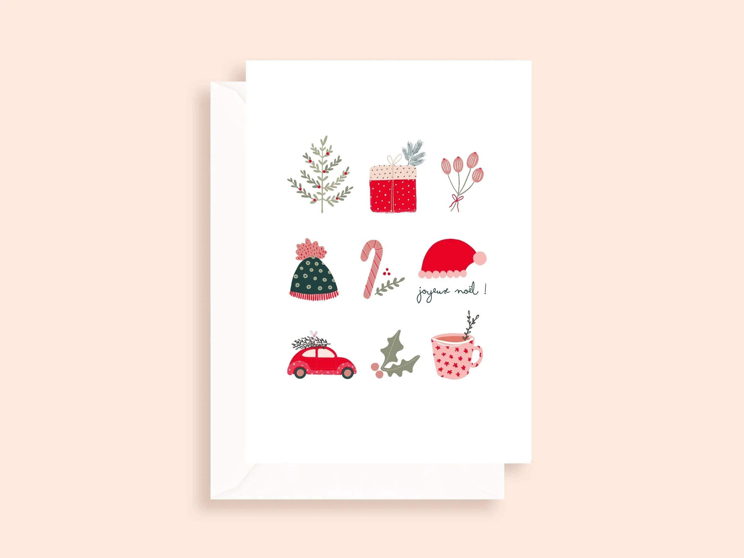 Carte de vœux Joyeux Noël avec illustrations de sapin, cadeau, bonnet, voiture rouge, cane à sucre, tasse et houx