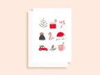 Carte de vœux Joyeux Noël avec illustrations de sapin, cadeau, bonnet, voiture rouge, cane à sucre, tasse et houx