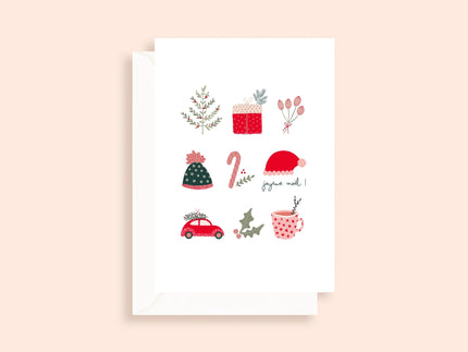 Carte de vœux Joyeux Noël avec illustrations de sapin, cadeau, bonnet, voiture rouge, cane à sucre, tasse et houx