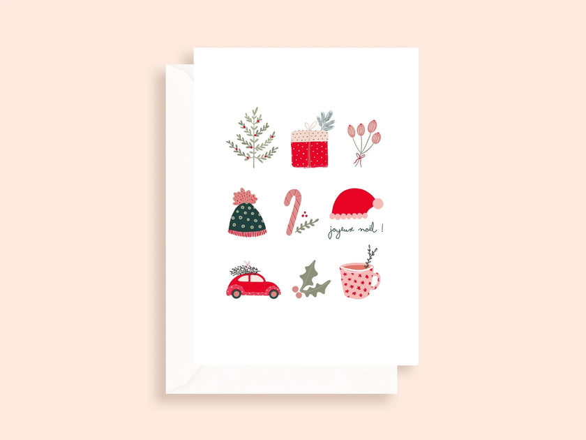 Carte de vœux Joyeux Noël avec illustrations de sapin, cadeau, bonnet, voiture rouge, cane à sucre, tasse et houx