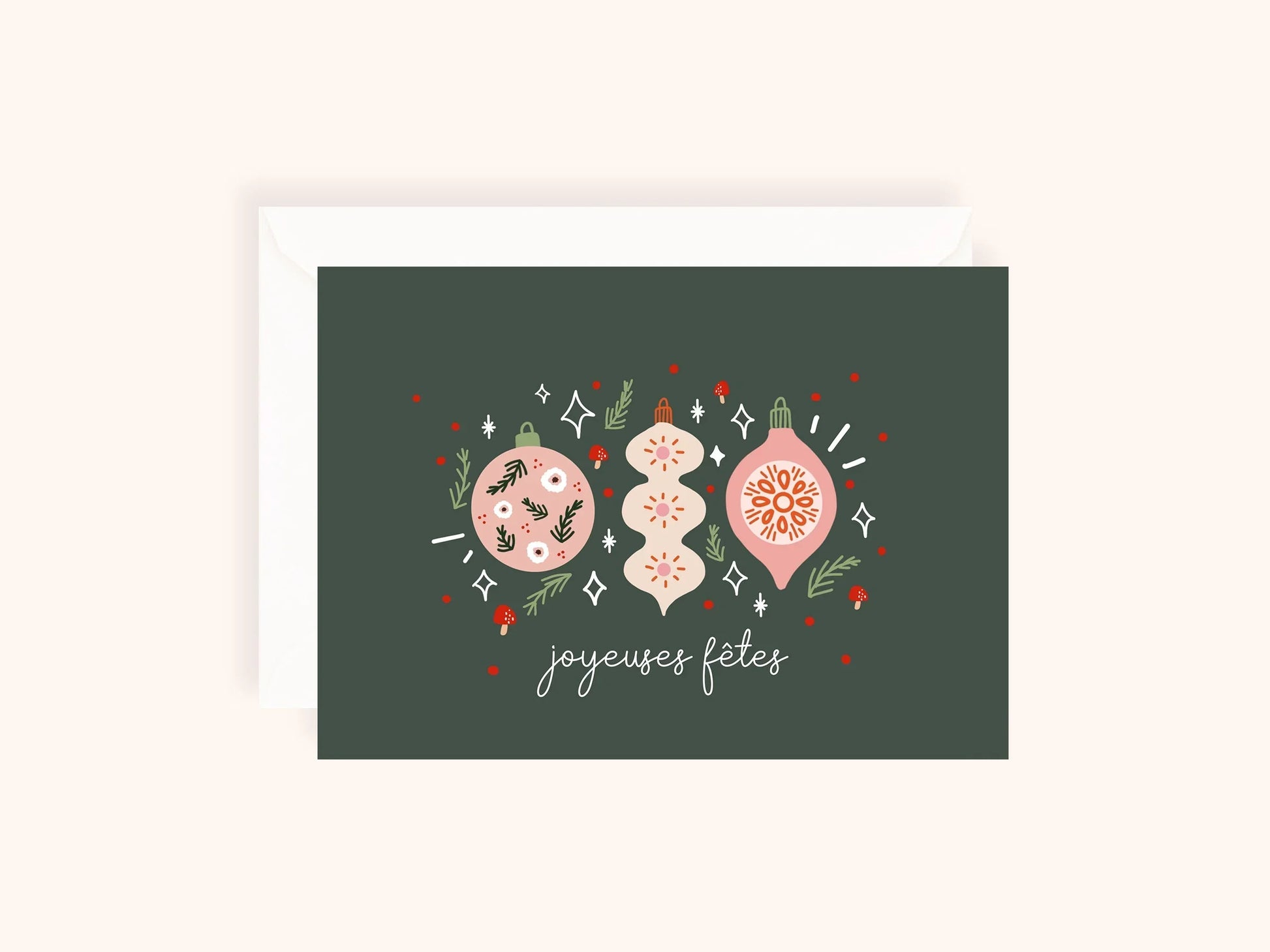 Carte de voeux avec décorations de Noël roses et vert foncé et inscription joyeuses fêtes