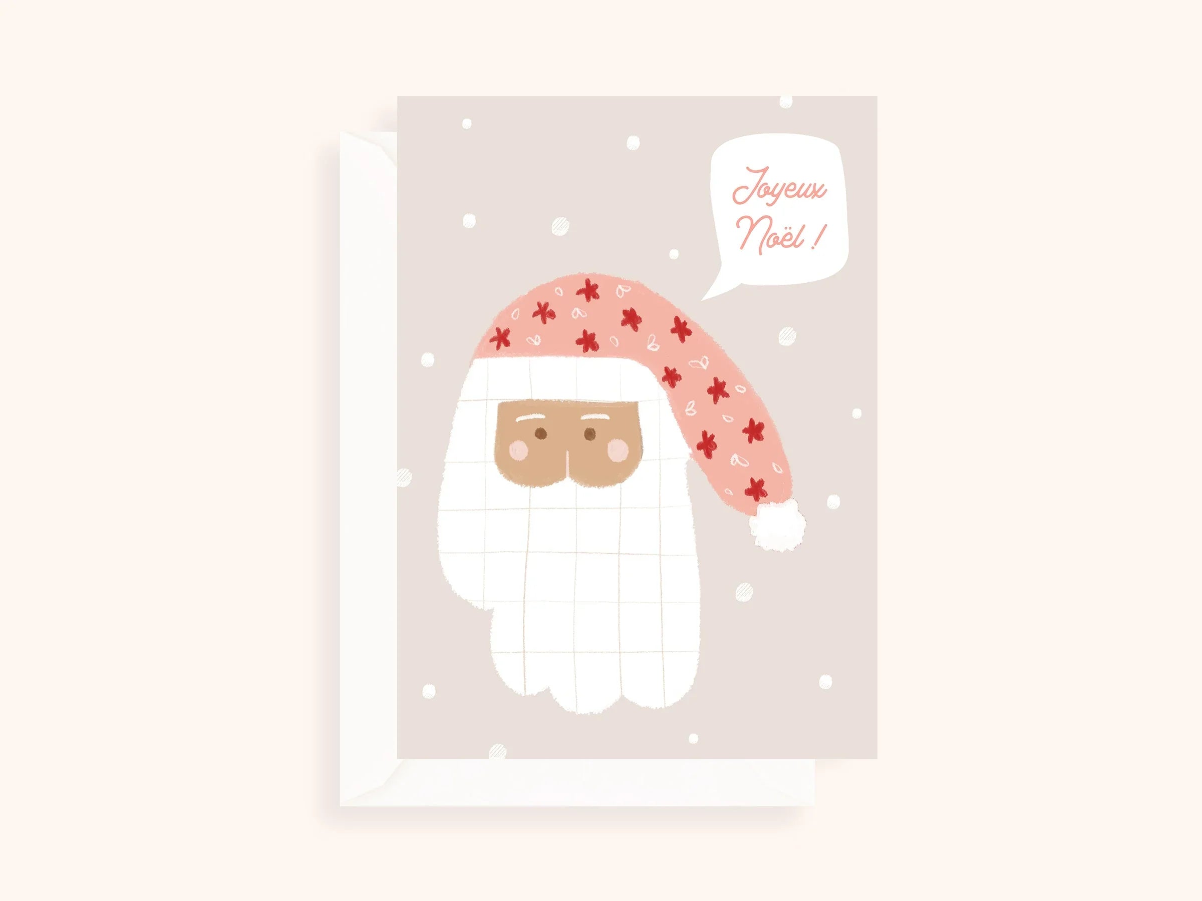 Carte de Noël beige avec illustration stylisée de Père Noël au bonnet rouge et message Joyeux Noël
