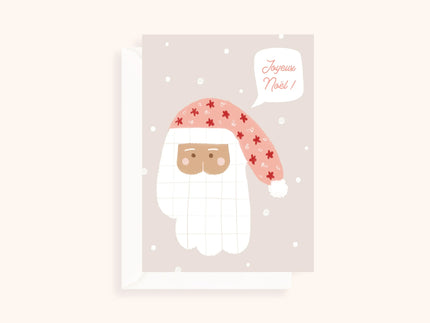 Carte de Noël beige avec illustration stylisée de Père Noël au bonnet rouge et message Joyeux Noël