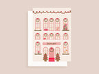 Carte de vœux festive montrant une façade de maison décorée avec guirlandes, couronnes, sapins et cadeaux