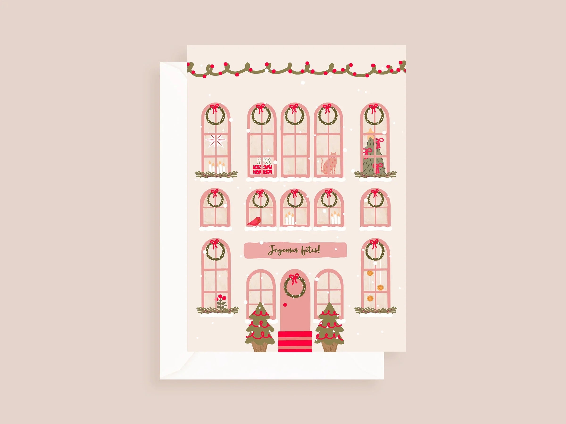 Carte festive illustration maison décorée guirlandes, couronnes, sapins, cadeaux, Joyeuses fêtes
