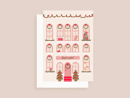 Carte festive illustration maison décorée guirlandes, couronnes, sapins, cadeaux, Joyeuses fêtes