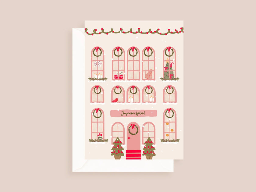 Carte festive illustration maison décorée guirlandes, couronnes, sapins, cadeaux, Joyeuses fêtes