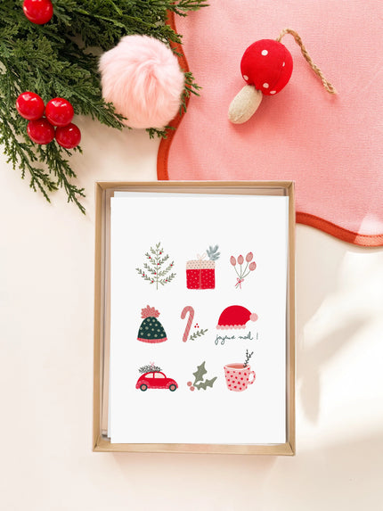 Carte de vœux de Noël avec illustrations festives et message joyeux Noël dans une boîte en carton