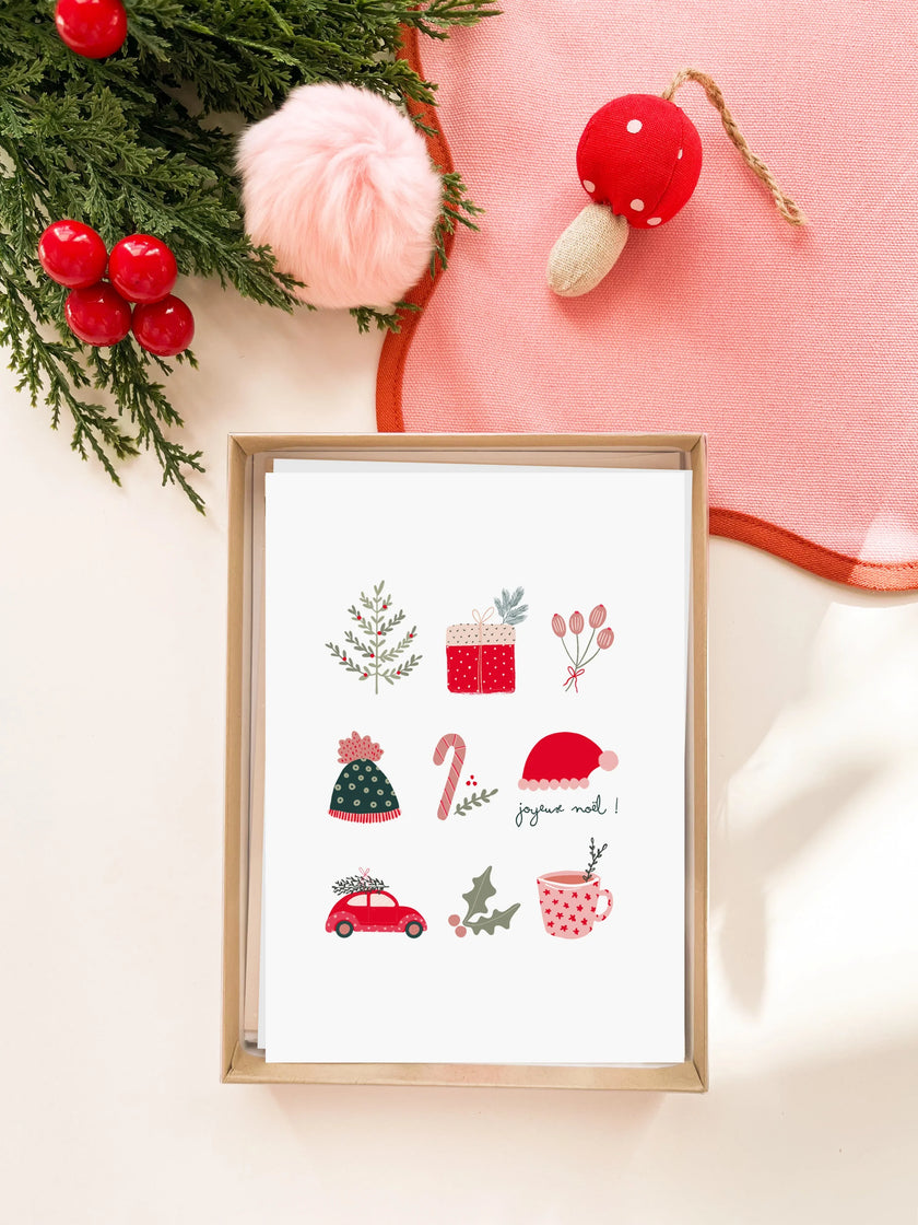 Carte de vœux de Noël avec illustrations festives et message joyeux Noël dans une boîte en carton