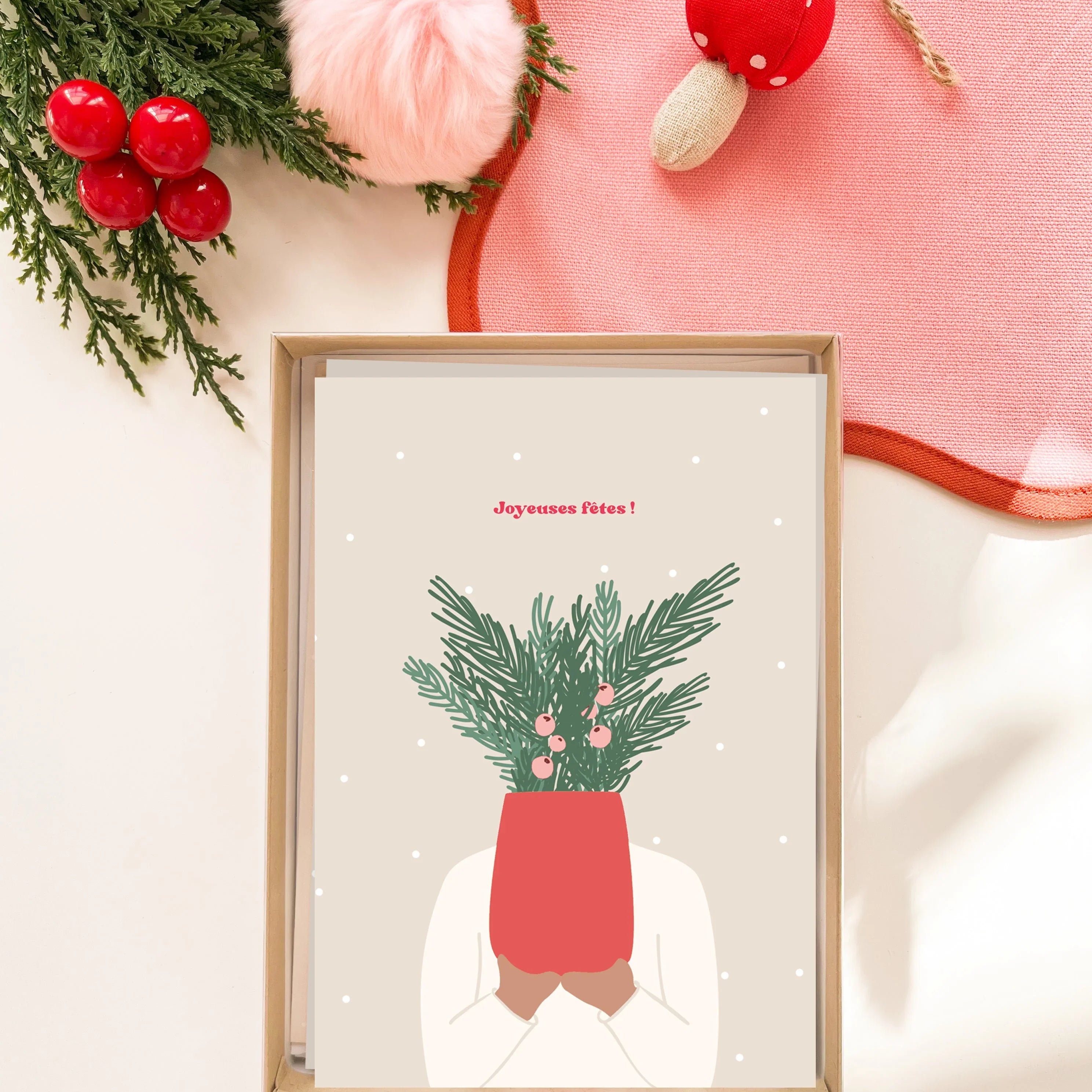 Coffret de cartes de vœux avec illustration festive et décorations de Noël rouges et vertes