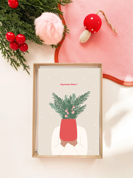 Coffret de cartes de vœux avec illustration festive et décorations de Noël rouges et vertes