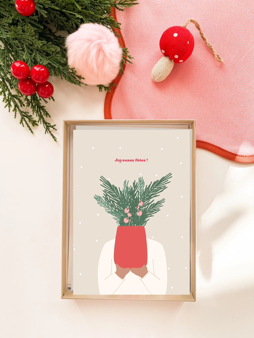 Coffret de cartes de vœux avec illustration festive et décorations de Noël rouges et vertes