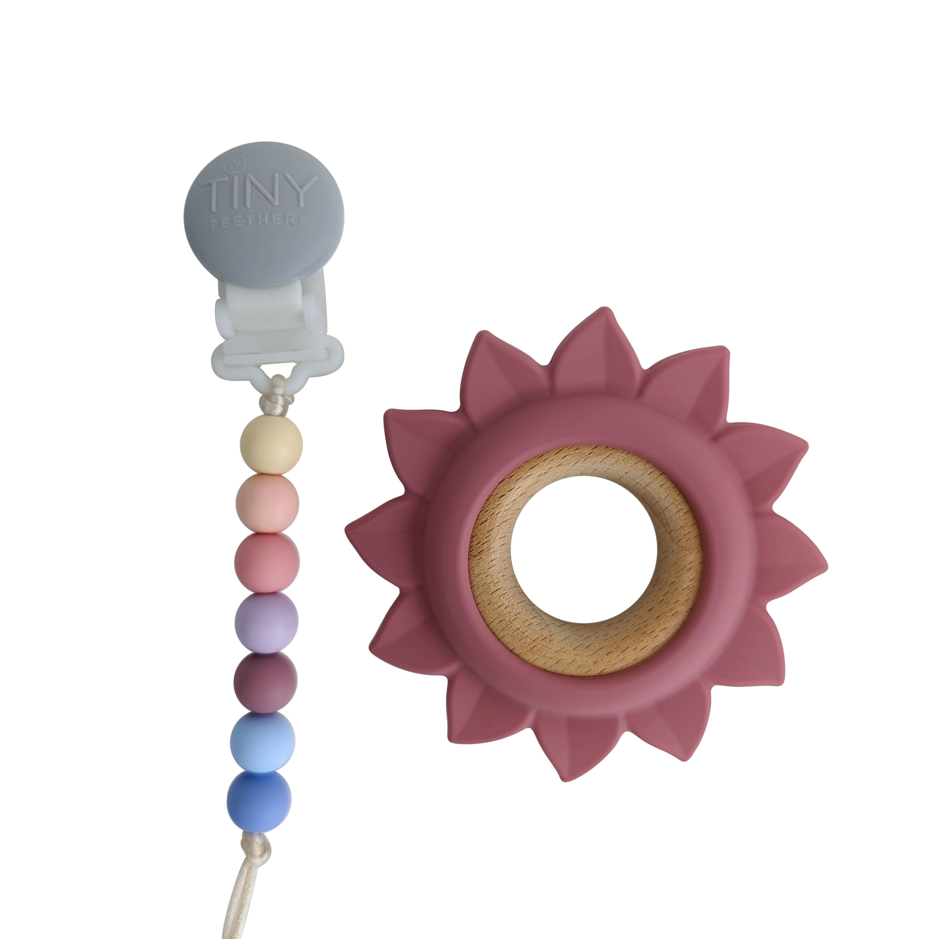 Flower Silicone and Wood Teether on a Pacifier Clip
