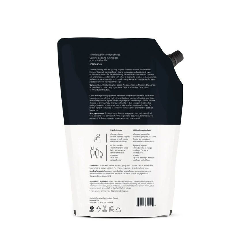 Recharge écologique de liniment 1L Énamour avec instructions d'usage et ingrédients naturels en français