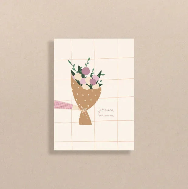 Carte illustration bouquet fleurs avec message manuscrit je t'aime maman fond quadrillé beige