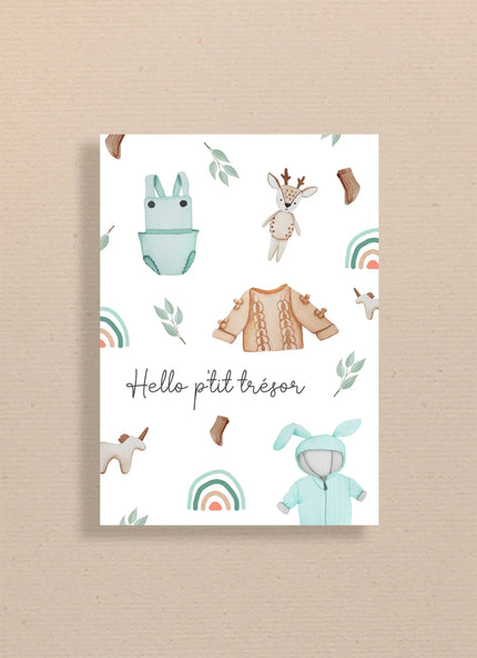Carte de naissance illustrée avec vêtements bébé, animaux doux, arc-en-ciel et texte Hello p'tit trésor