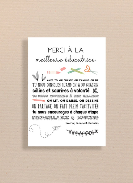 Carte Merci à la meilleure éducatrice avec crayons, ciseaux et message bienveillance et douceur