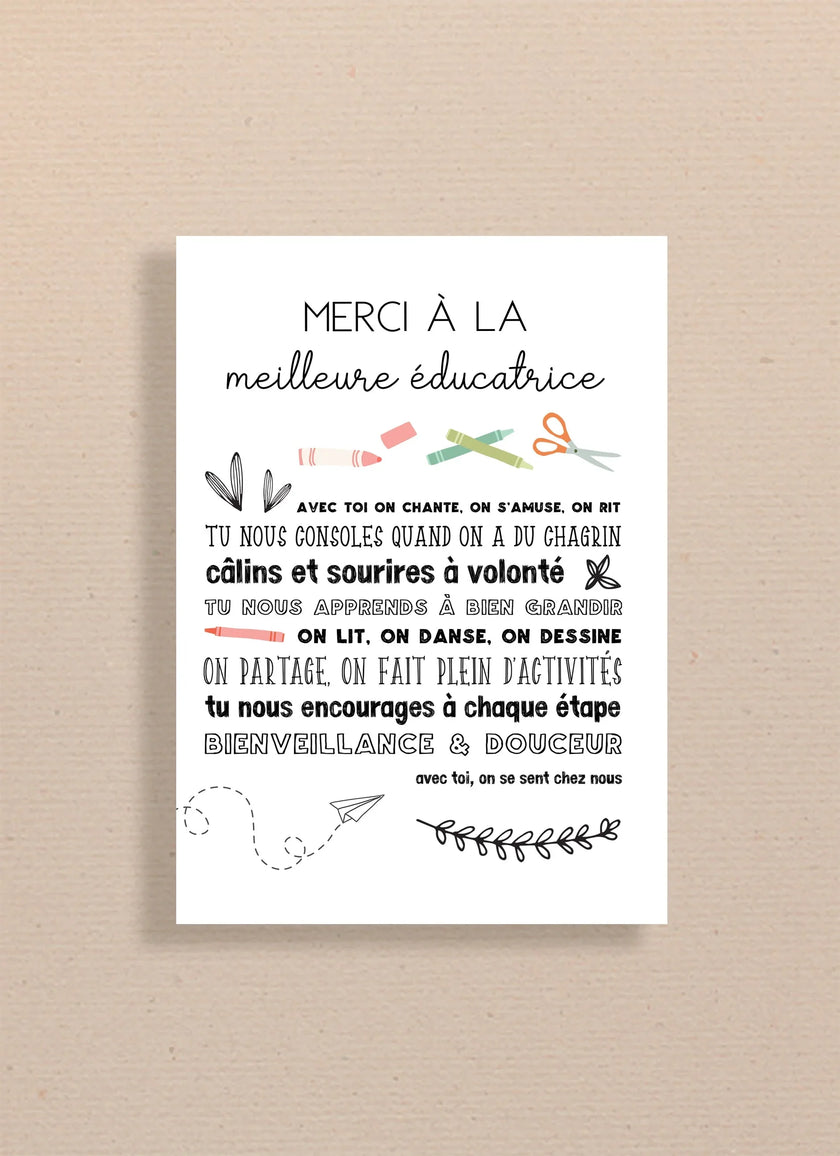 Carte Merci à la meilleure éducatrice avec crayons, ciseaux et message bienveillance et douceur