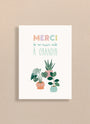 Carte illustrée avec texte "Merci de m'avoir aidé à grandir" et dessins de trois plantes en pots colorés