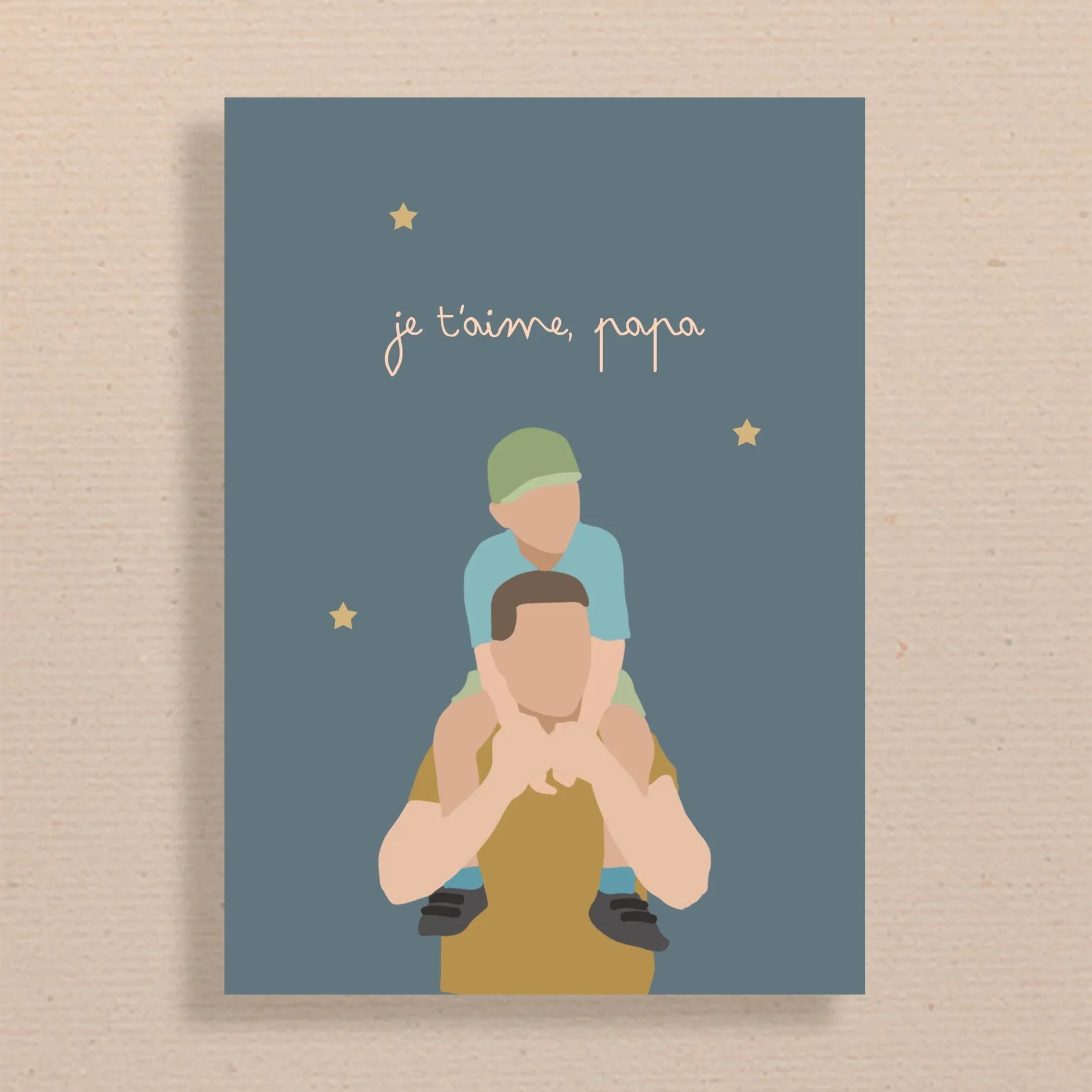 Illustration minimaliste d'un père portant son enfant sur les épaules avec texte je t'aime, papa