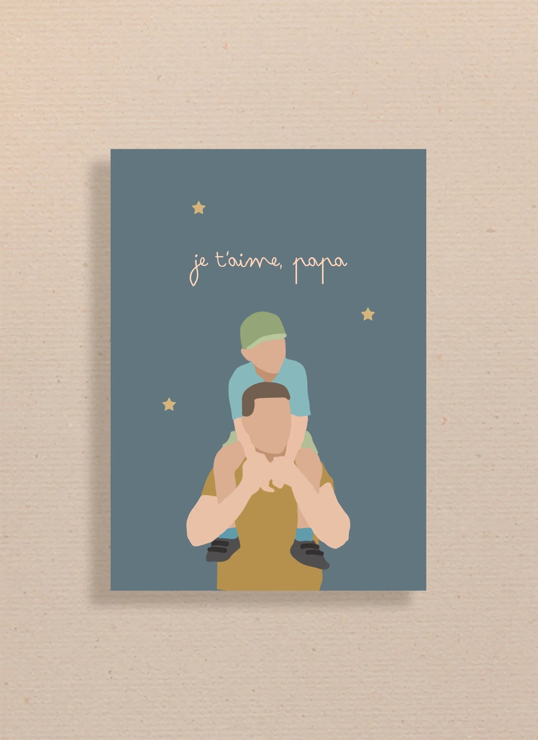 Illustration minimaliste d'un père portant son enfant sur les épaules avec texte je t'aime, papa