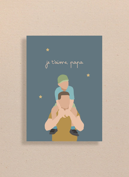 Illustration minimaliste d'un père portant son enfant sur les épaules avec texte je t'aime, papa