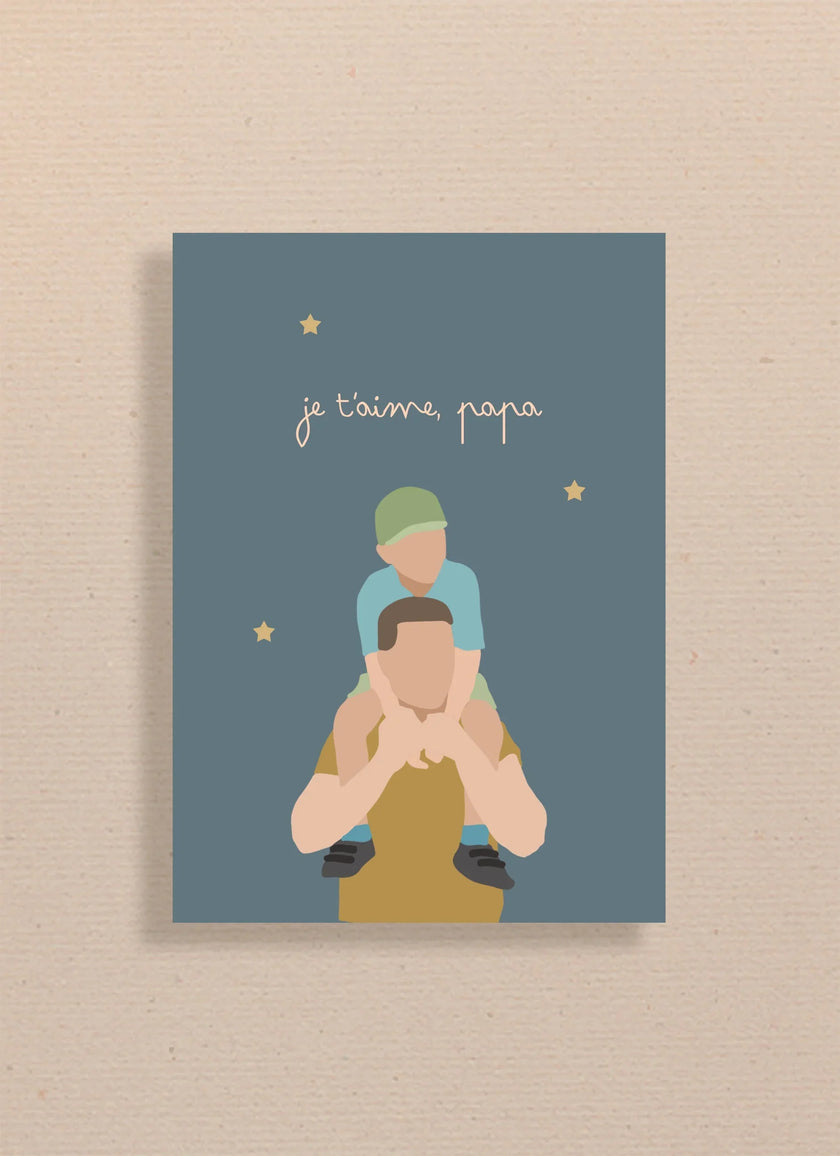Illustration minimaliste d'un père portant son enfant sur les épaules avec texte je t'aime, papa