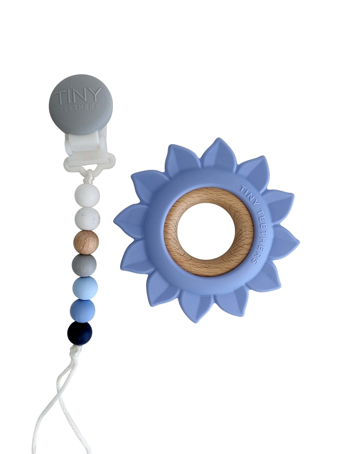 Flower Silicone and Wood Teether on a Pacifier Clip