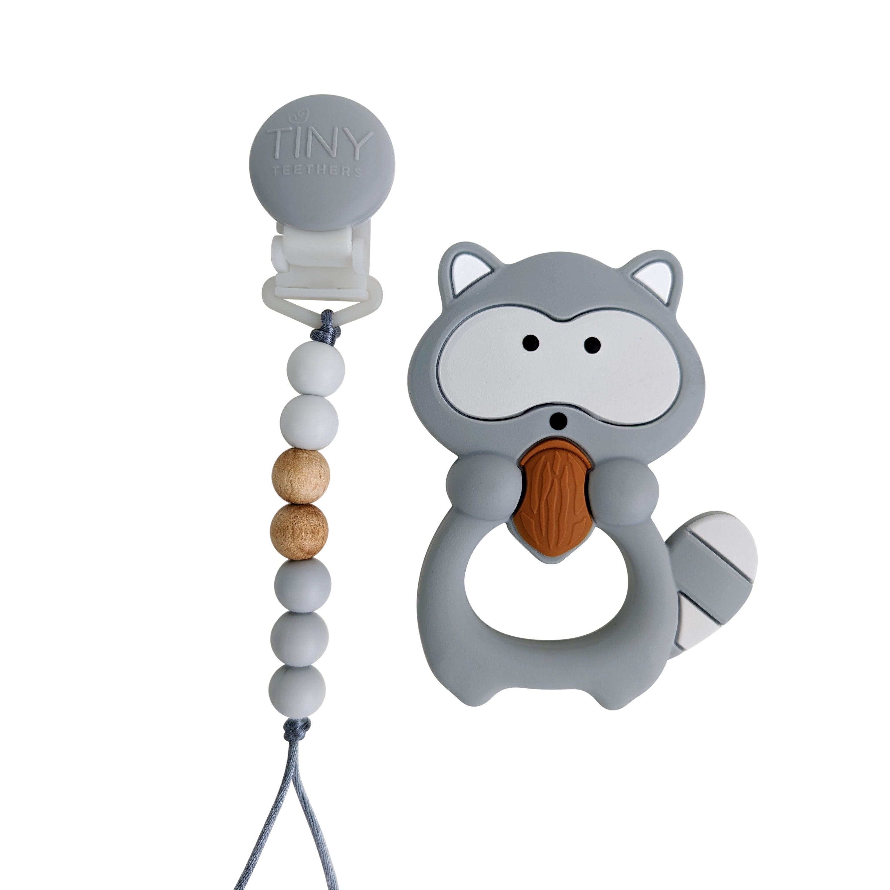 Raccoon Silicone Teether on a Pacifier Clip