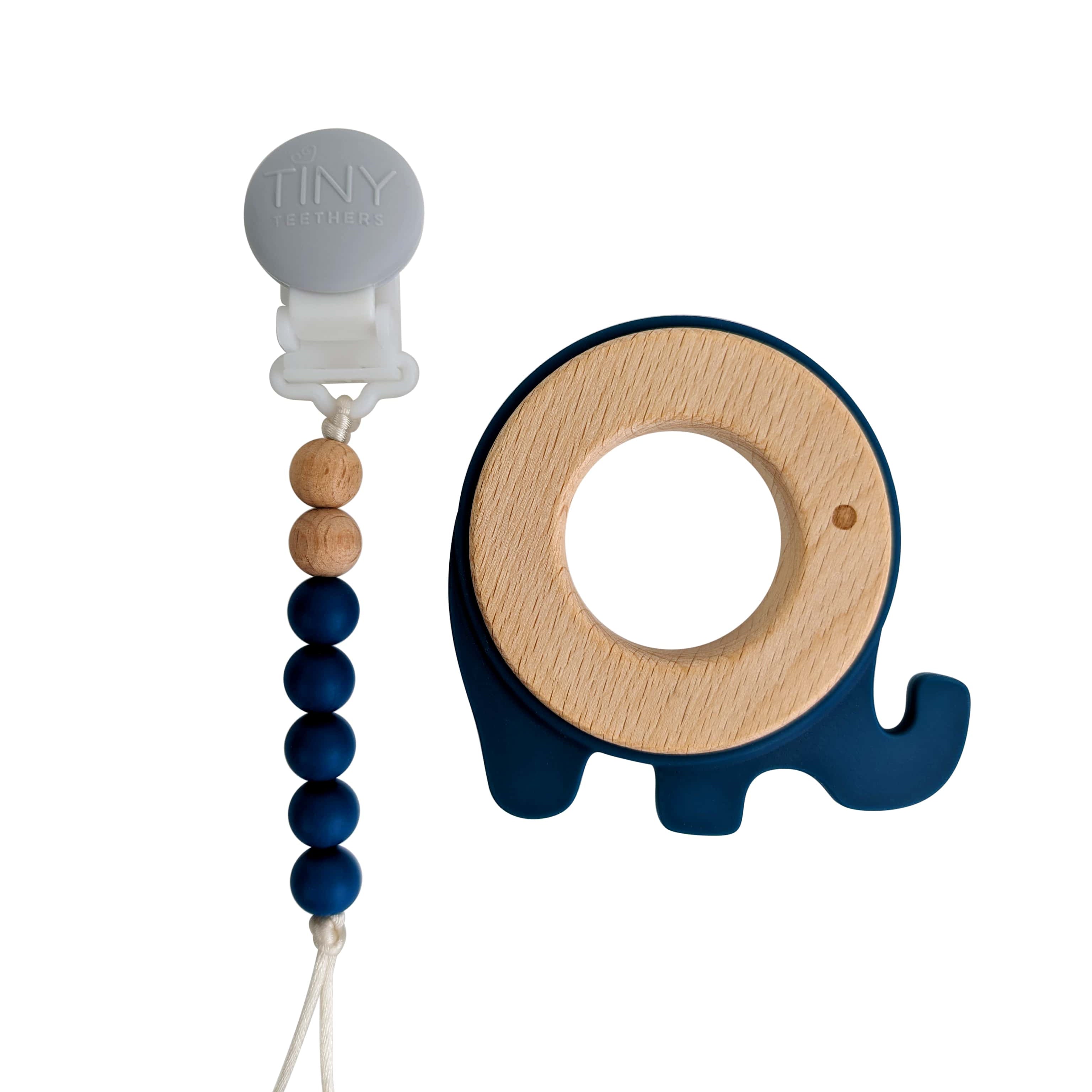 Elephant Silicone and Wood Teether on a Pacifier Clip